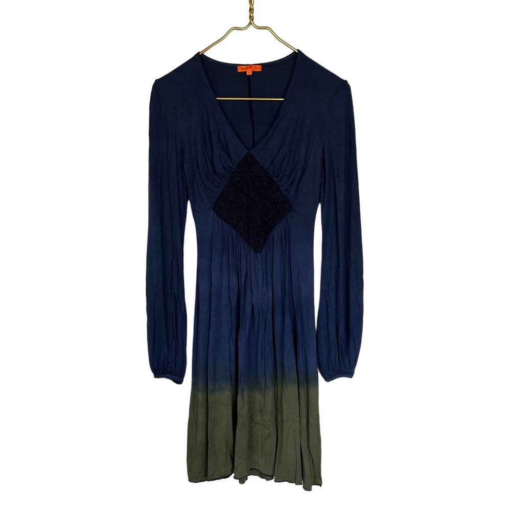 Michelle Jonas Long Sleeve V Neck Lace Panel Dip Dye Silk Dress Size P